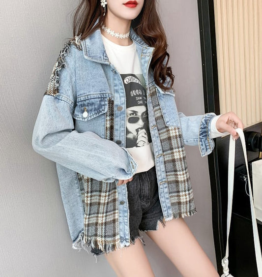 絶対流行 ファッション 活躍する優秀アイテム チェック柄 切り替え デニム Tシャツ ＜F-9264＞