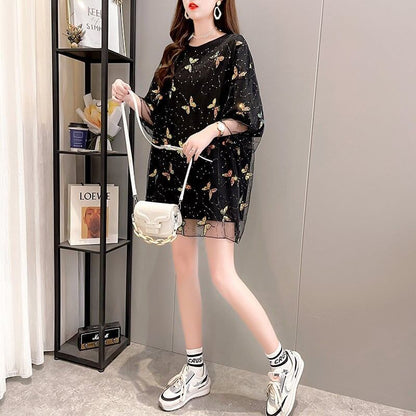 イントレンディなメッシュフェイクツーピースバタフライTシャツルーズトップ<F-2858>