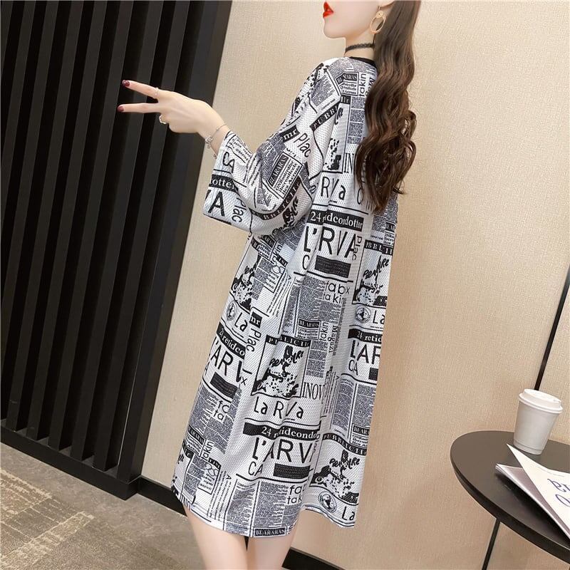オシャレ度満点 プリント 一目惚れ 切り替え ワンピース Tシャツ カットソー＜F-3122＞