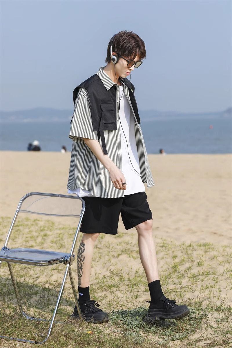 絶対流行 レイヤード風 早い者勝ち 切り替え ストライプ柄 全3色 半袖TシャツF-9048