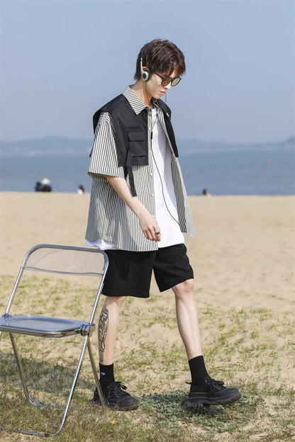 絶対流行 レイヤード風 早い者勝ち 切り替え ストライプ柄 全3色 半袖TシャツF-9048