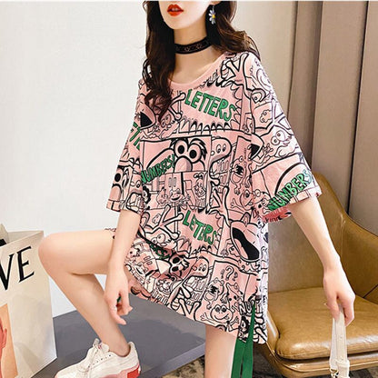 超人気 アバンギャルド 個性派 ラウンドネック プリント全2色 半袖Tシャツ<F-8720>