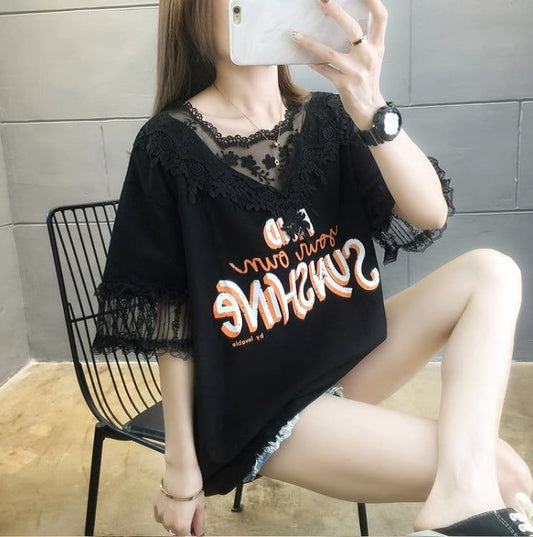 エレガントなレースステッチ半袖Tシャツ<F-3030>