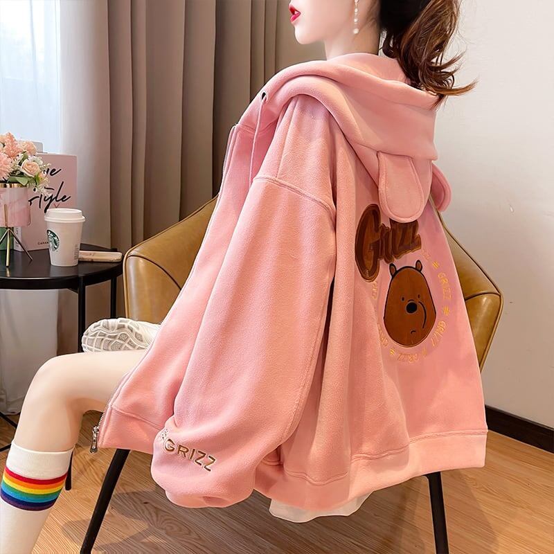 【裏起毛】可愛いクマちゃん厚手フルジップパーカー二色ありF-4677