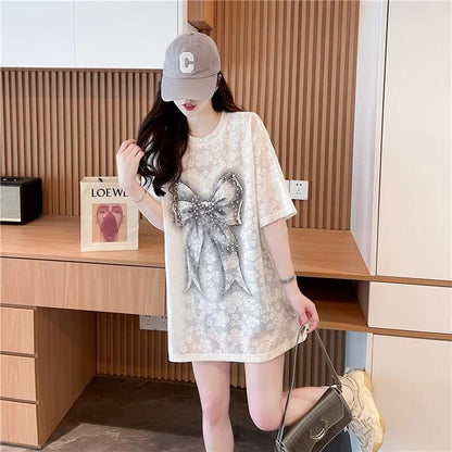 大人可愛い リボン カジュアル デザイン ゆったり 半袖 Tシャツ＜F-8659＞