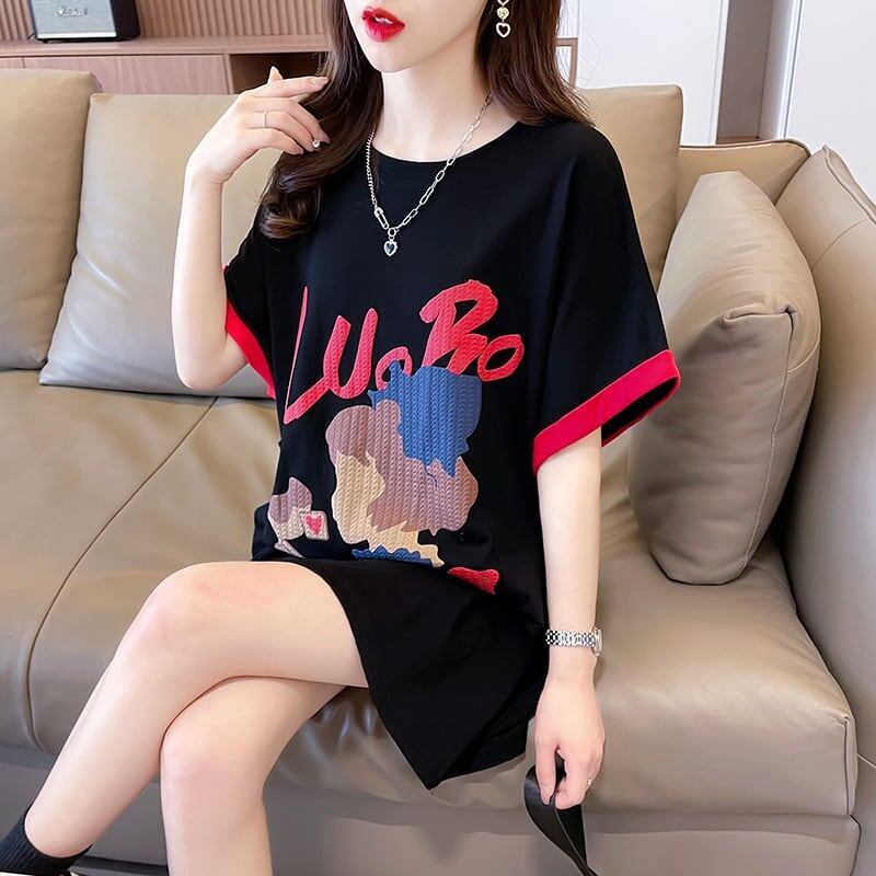 気質とデザインセンスを備えた対照的な色の漫画半袖Tシャツ<F-2990>
