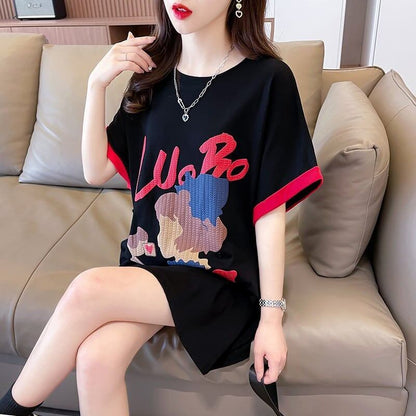 気質とデザインセンスを備えた対照的な色の漫画半袖Tシャツ<F-2990>