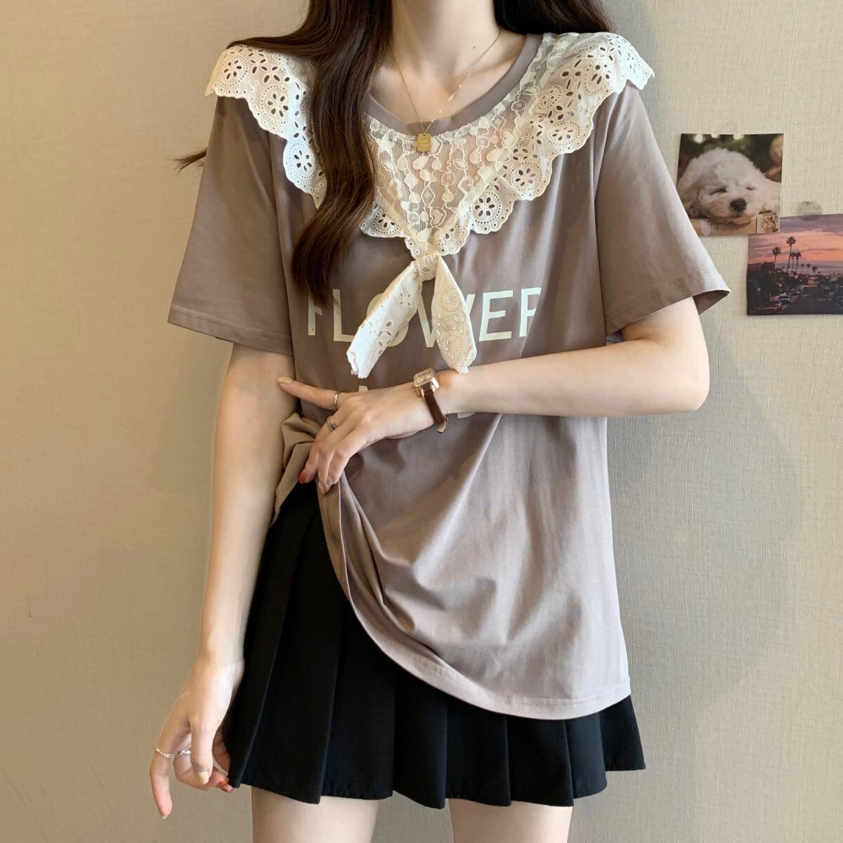 超人気 レース スウィート 切り替え プリント 3色選択 半袖Tシャツ＜F-8825＞