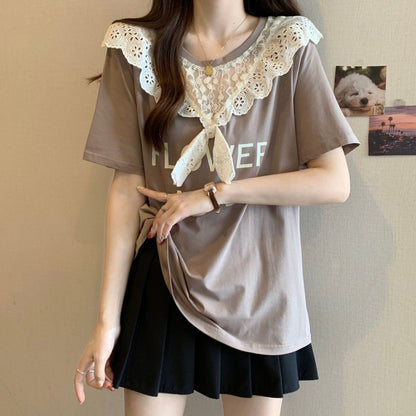 超人気 レース スウィート 切り替え プリント 3色選択 半袖Tシャツ＜F-8825＞