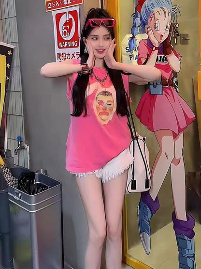 サマー   ドーパミン プリント ピンク タンク T シャ<F-2975>