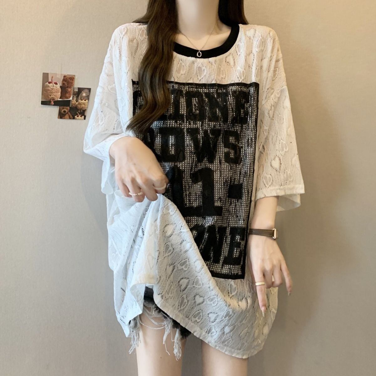 超人気 アバンギャルド 絶対流行 レース プリント全2色 半袖TシャツF-8798
