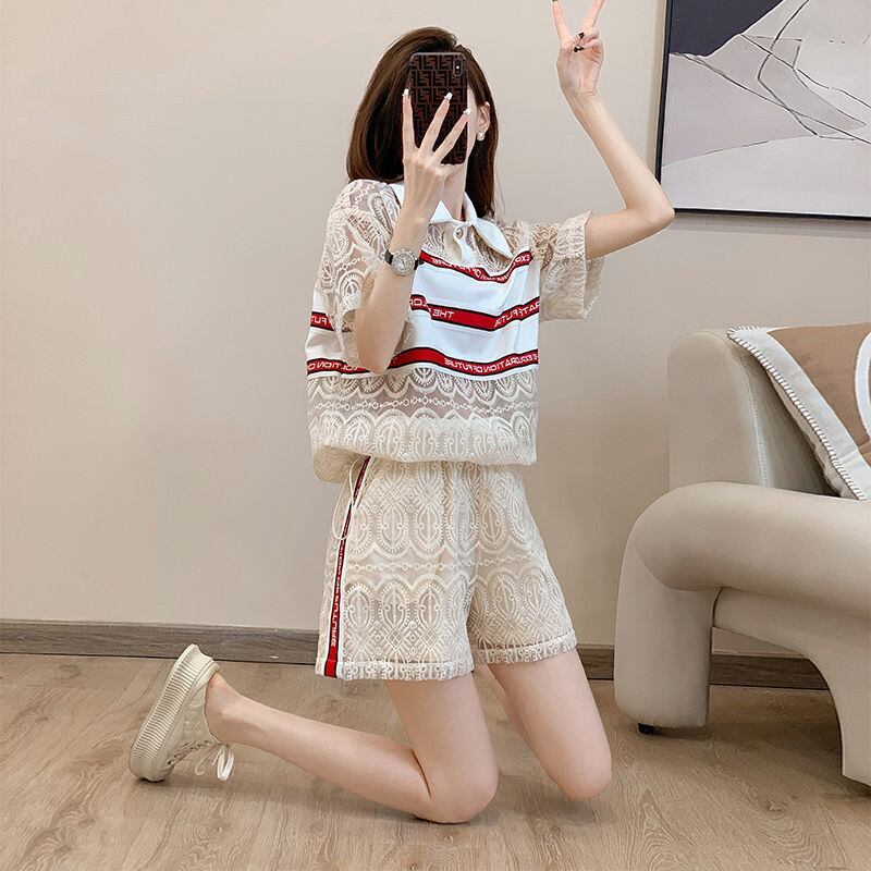 新商品 上品 着心地良い カジュアル 透かし彫り 半袖 Tシャツ ショートパンツ セットアップ ＜F-8785＞