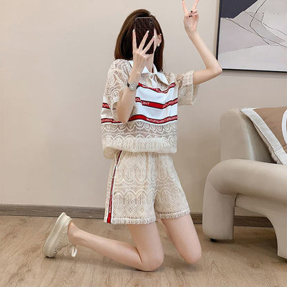 新商品 上品 着心地良い カジュアル 透かし彫り 半袖 Tシャツ ショートパンツ セットアップ ＜F-8785＞