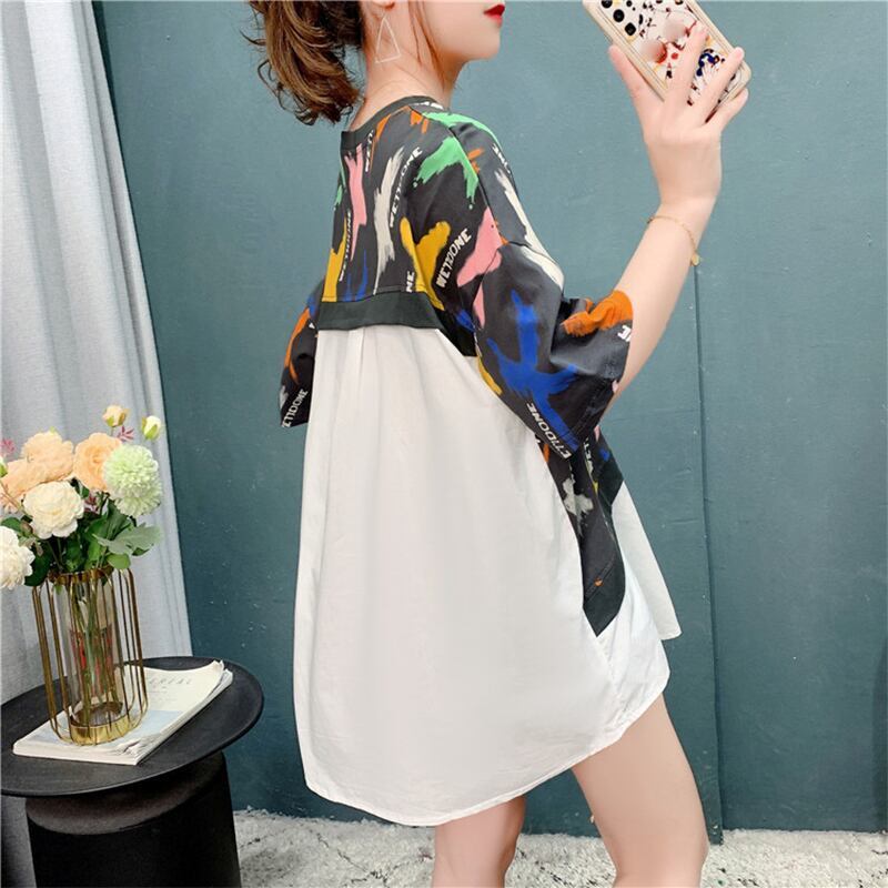 好感度満載 プリント 美感いっぱい 切り替え Tシャツ カットソー＜F-3110＞