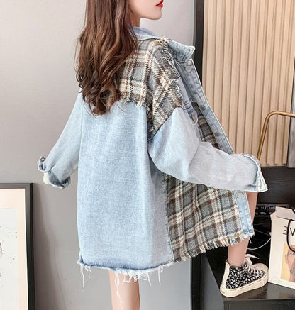 絶対流行 ファッション 活躍する優秀アイテム チェック柄 切り替え デニム Tシャツ ＜F-9264＞
