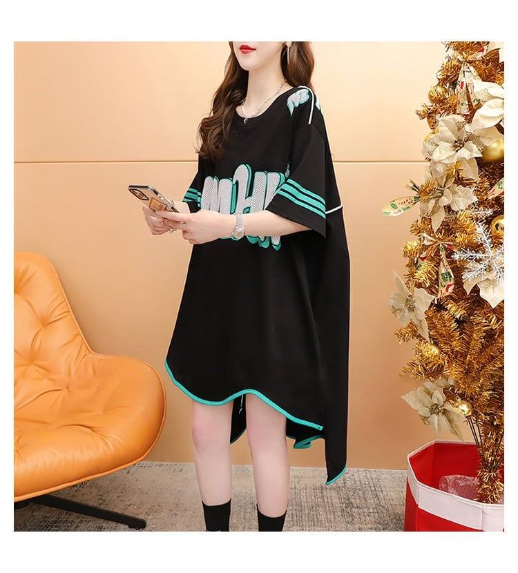おしゃれ度アップ アルファベット フィッシュテール プリントTシャツ ゆったり半袖＜F-3012＞