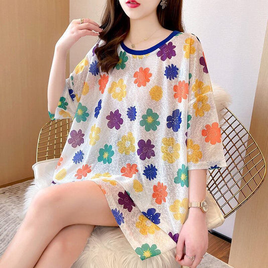 大人可愛い 半袖 紫外線対策 ラウンドネック ルーズ Tシャツ ＜F-8642＞