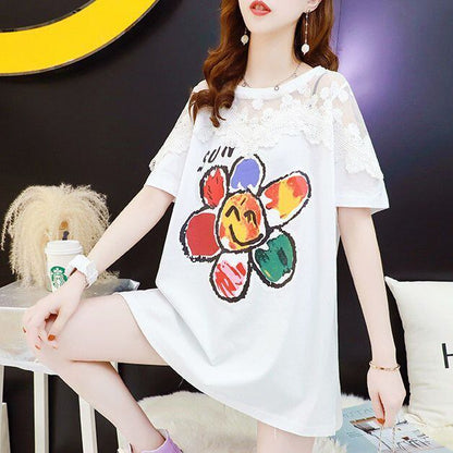 大人可愛い 切り替え レース 透かし彫り プリント全2色 半袖Tシャツ カットソー ＜F-8560＞