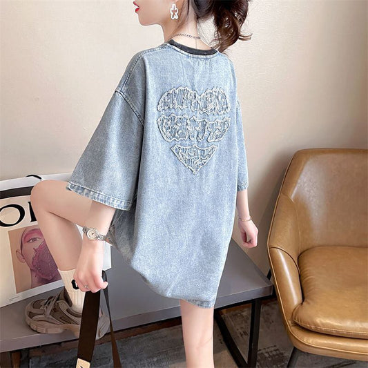 人気商品再入荷 アバンギャルド 着回し力抜群 ルーズ デニム 半袖TシャツF-8804