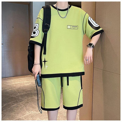 早い者勝ち カジュアル ファッション 切り替え 全3色 半袖ＴシャツⅹパンツセットF-8950