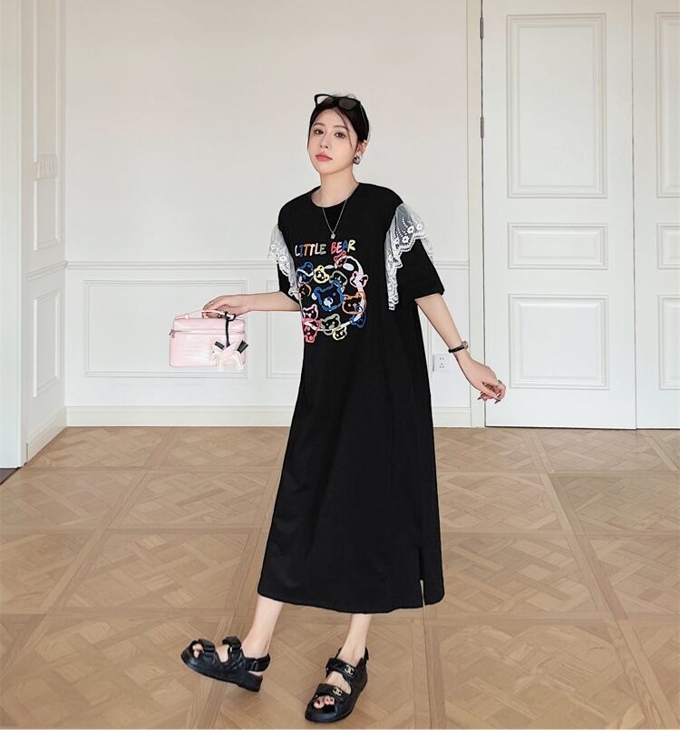 おすすめ レース ファッション 切り替え プリント Tシャツ カットソー ワンピース＜F-8535＞