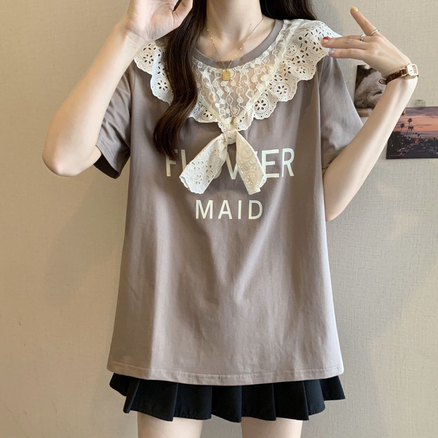 超人気 レース スウィート 切り替え プリント 3色選択 半袖Tシャツ＜F-8825＞
