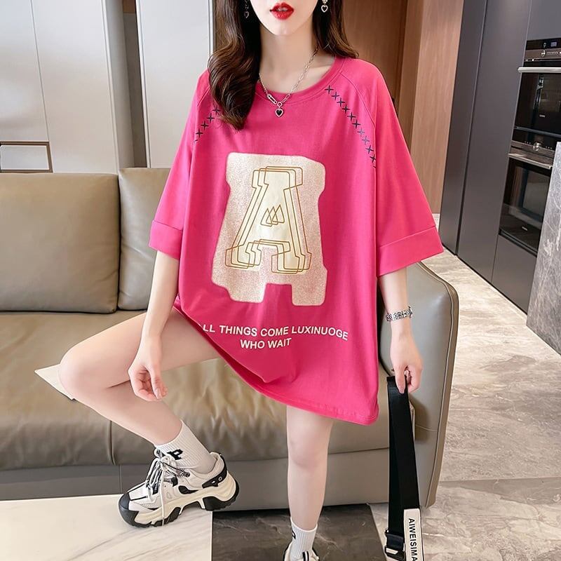 超人気商品 ロング アルファベット プリントTシャツ 三色 ゆったり半袖 ＜F-4019＞