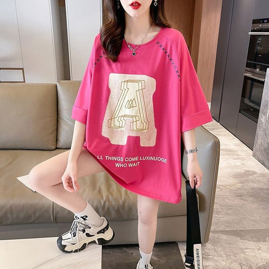 超人気商品 ロング アルファベット プリントTシャツ 三色 ゆったり半袖 ＜F-4019＞