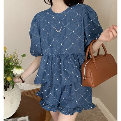 定番シンプル ファッション 個性派 デニム 半袖Ｔシャツⅹパンツセット<isf-11702>