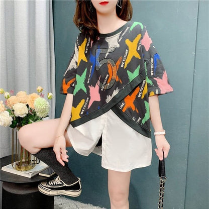 好感度満載 プリント 美感いっぱい 切り替え Tシャツ カットソー＜F-3110＞