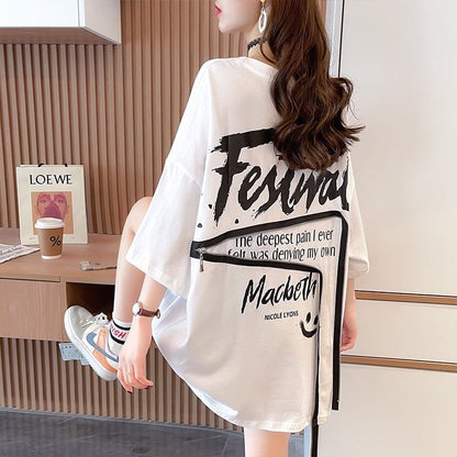【人気商品再入荷！】   デザイン個性ゆったりミドル丈半袖Tシャツ<F-3036>