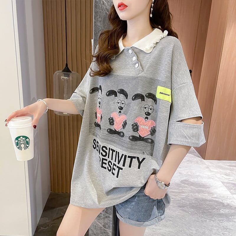 夏新作 アルファベットプリント POLOネック ロング Tシャツ ゆったりワンピース ＜F-3038＞