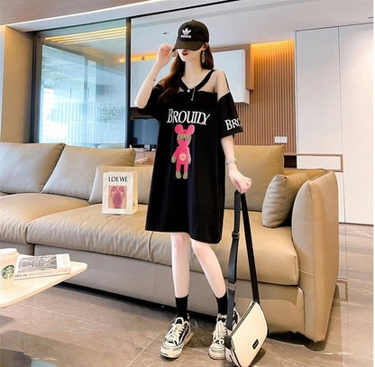 売り切れ必至 Vネック セクシー 切り替え チュール プリントTシャツ ゆったりワンピース ＜F-3050＞