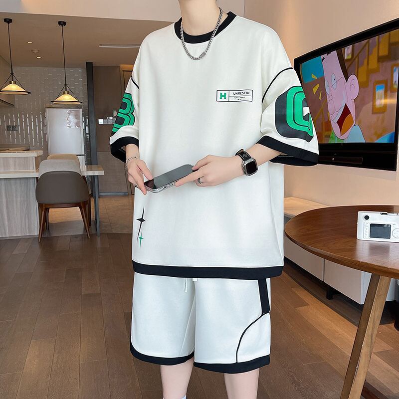 早い者勝ち カジュアル ファッション 切り替え 全3色 半袖ＴシャツⅹパンツセットF-8950