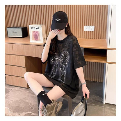 大人可愛い リボン カジュアル デザイン ゆったり 半袖 Tシャツ＜F-8659＞