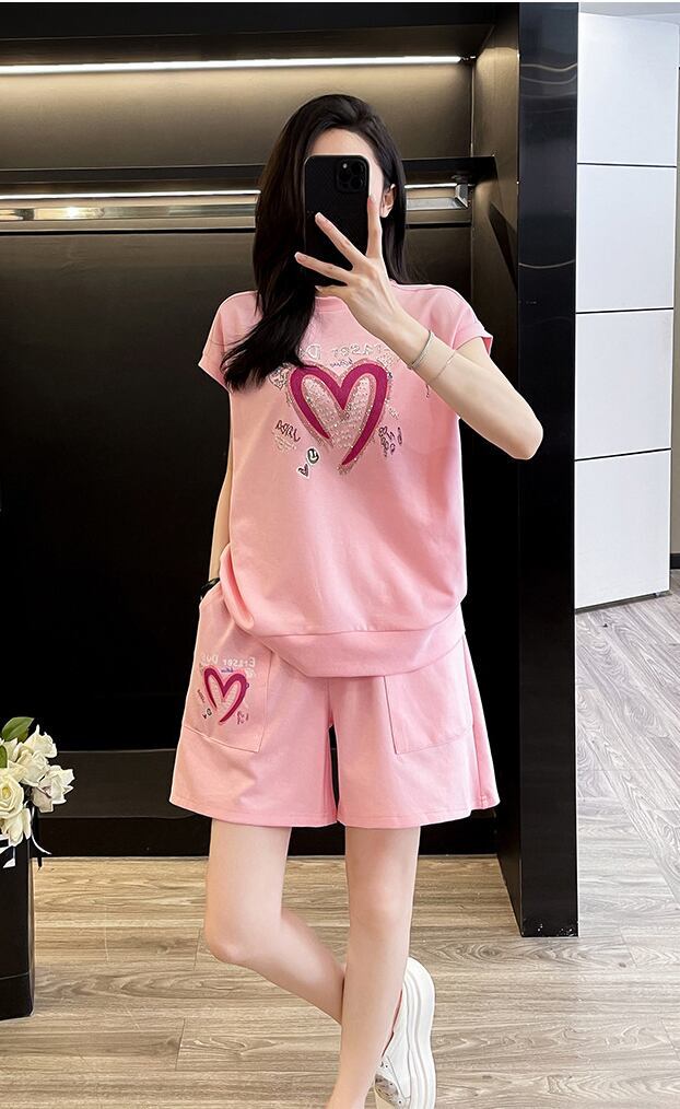 超人気 ホットダイヤモンド カジュアル プリント 半袖Tシャツ ショートパンツ セットアップ ＜F-9215＞