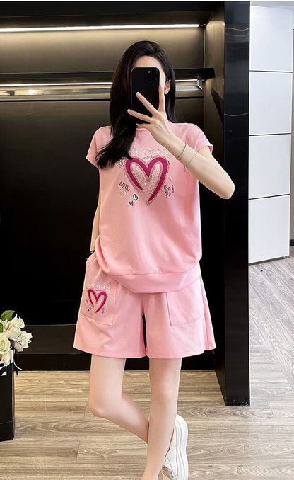 超人気 ホットダイヤモンド カジュアル プリント 半袖Tシャツ ショートパンツ セットアップ ＜F-9215＞