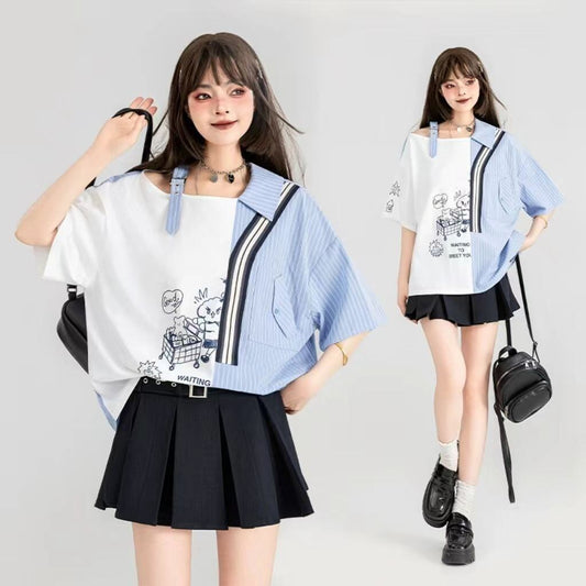 話題沸騰中 キュートストライプ柄 ファッション 切り替え 半袖Tシャツ＜F-8695＞