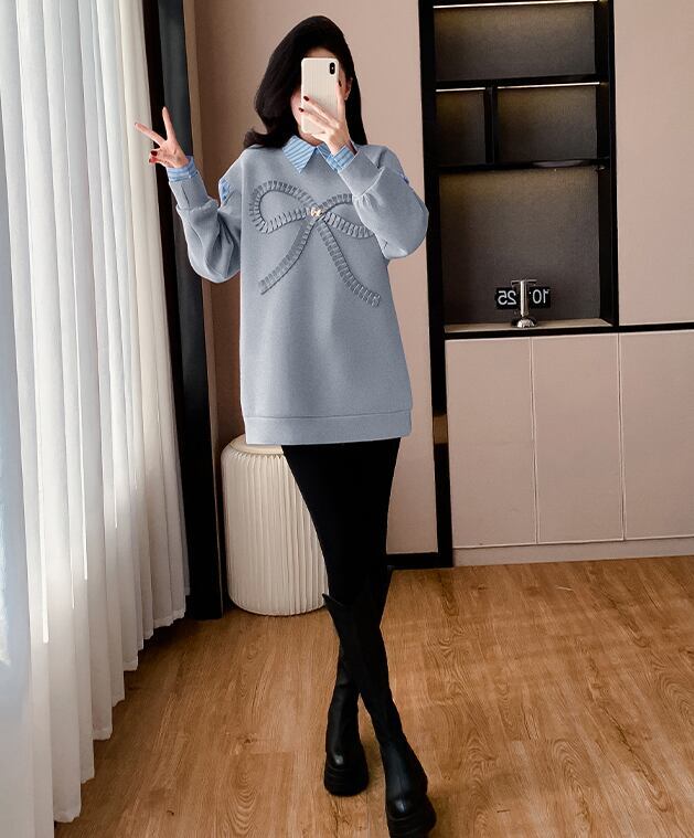 好感度UP レイヤード風 柔らかくて優しい印象 切り替え プラスベルベット 全3色 スウェット＜F-9809＞
