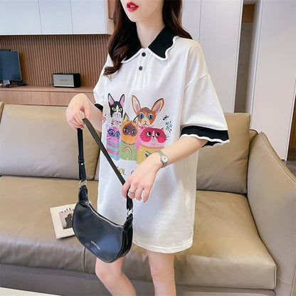 デザインセンスゆったりプリントトップラペルTシャツポロシャツ<F-2898>