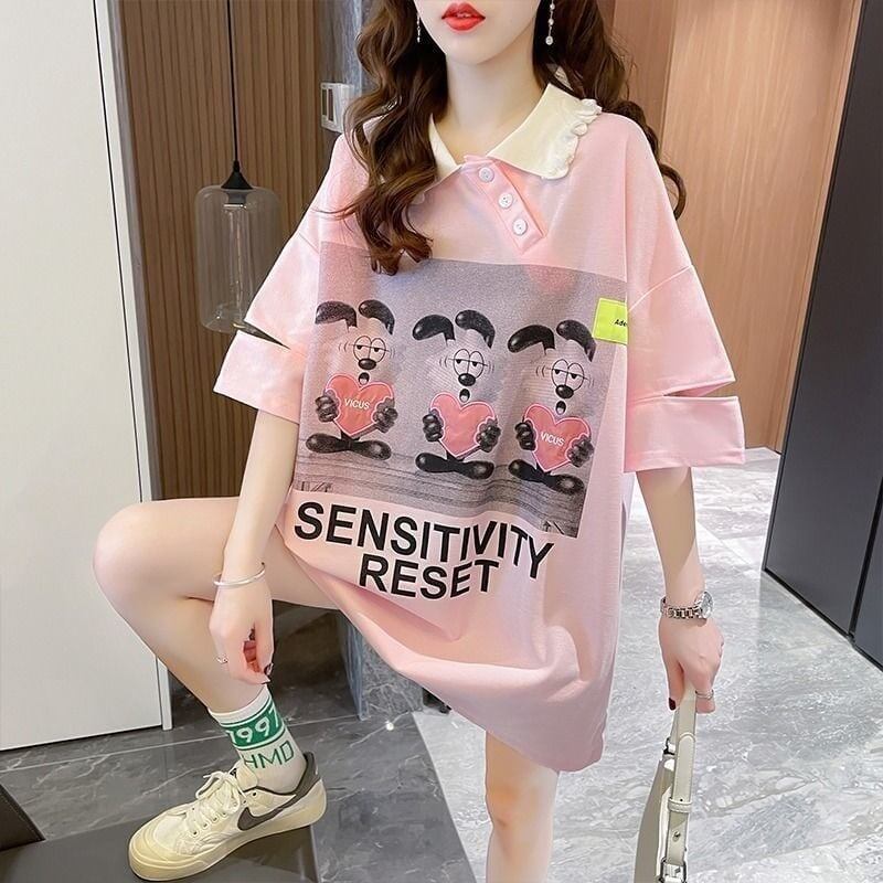 夏新作 アルファベットプリント POLOネック ロング Tシャツ ゆったりワンピース ＜F-3038＞