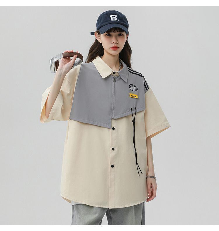 シンプルだけど一癖あるコーデ 切り替え レイヤード風 全2色 半袖TシャツF-9046