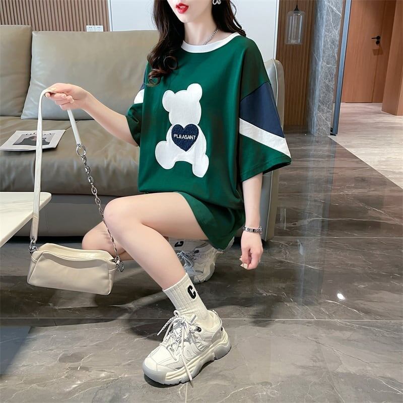 カジュアルルーズワッペン刺繍ステッチカラーブロック半袖Tシャツ<F-2870>
