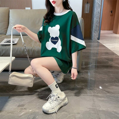 カジュアルルーズワッペン刺繍ステッチカラーブロック半袖Tシャツ<F-2870>