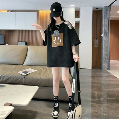 エレガントな立体ジャガードルーズウールパッチステッチ半袖Tシャツ<F-2901>