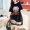 デザインセンスレースステッチフェイクツーピース半袖Tシャツワンピース<F-2964>