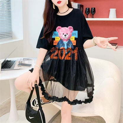 デザインセンスレースステッチフェイクツーピース半袖Tシャツワンピース<F-2964>