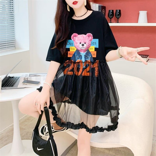 デザインセンスレースステッチフェイクツーピース半袖Tシャツワンピース<F-2964>