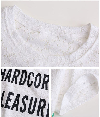 美人度アップ 透かし彫り レース ルーズ 半袖 Tシャツ ＜F-8671＞