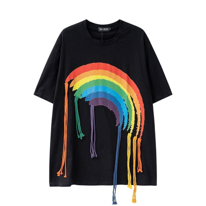 好感度UP 虹ロゴ タッセル ゆったり Tシャツ 全2色 ユニセックス半袖F-4863